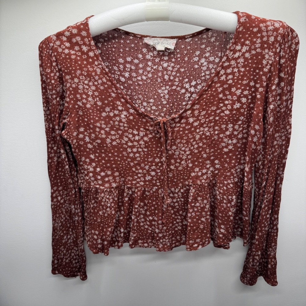 Hippie Rose Rust Floral Peplum Top Long Sleeve Tie Front V-Neck Brown Medium